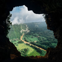 Cave. I did a tour of a cave today and the view of the landscape below was breathtaking.